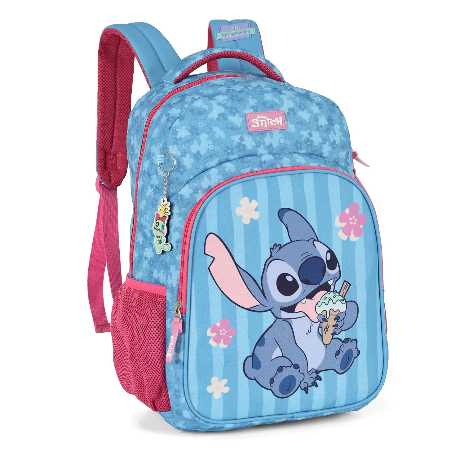 Mochila infantil Luxcel Stitch azul com estampa do personagem segurando sorvete e detalhes em rosa